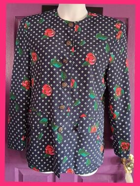Vintage-Navy Floral Button-Front Blazer Jacket